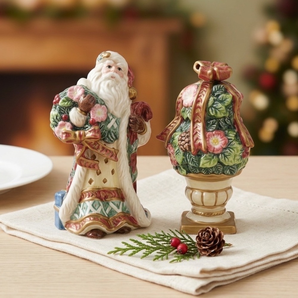 Vintage Fitz and Floyd Classics Santa and Topiary Salt and Pepper Shaker Set